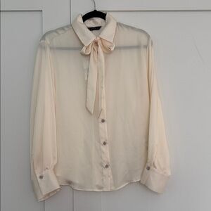 ZARA creme sheer shirt with neck tie and pearl buttons